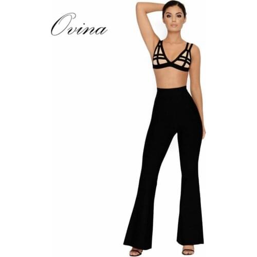 Black Newest Strapy V Neck Sleeveless Top Full Length Flare Pants Bandage Womens Sets