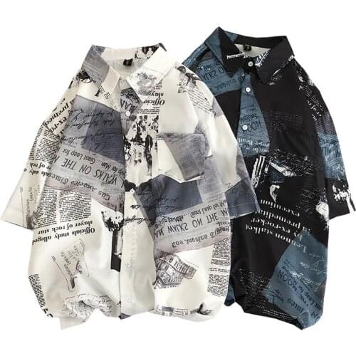Newspaper Printed Hawaiian Beach Shirt for Men 2021 Summer Short Sleeve 2XL Aloha Shirts Mens Holiday Vacation Clothing Chemise