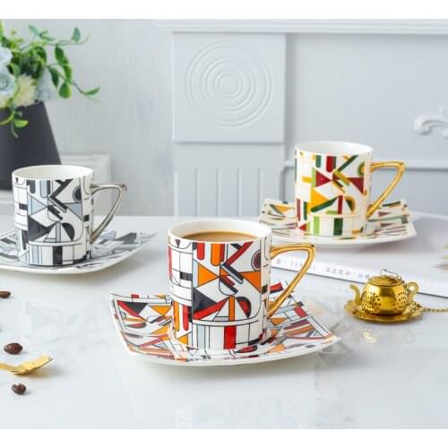 Ceramic Coffee Cup Dish Set Milk Latte Mugs Espresso Cup Home Drinkware Geometric Mosaic Pattern Tea Cup Gold Handle