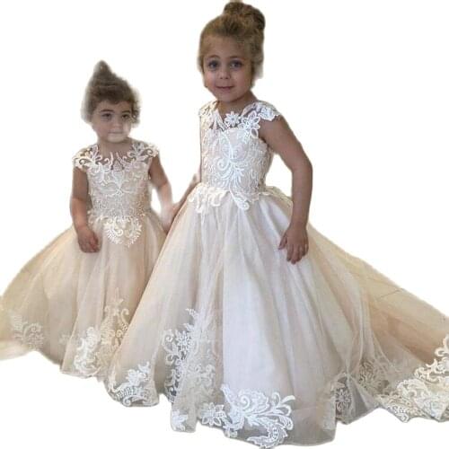 Lace Princess Long Flower Girl Dresses 2020 New Design Custom Cap Sleeve Tulle Child Pageant Gowns A-Line Lace First Communion D