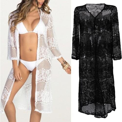 Fashion Beachwear Swimwear Flower Lace Fishnet Bikini Cover Up Kaftan Women Lady Summer Party Dress