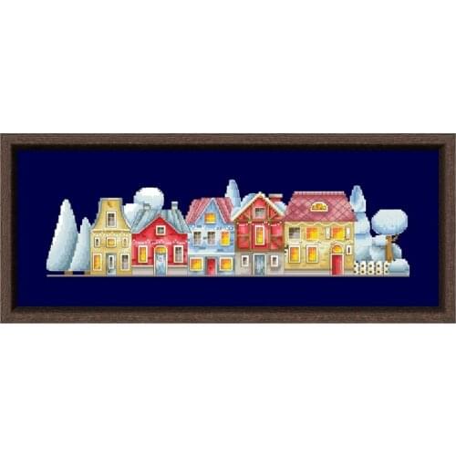 Dreampattern Colorful winter town cross stitch kits cartoon pattern design 18ct 14ct 11ct deep blue canvas embroidery DIY