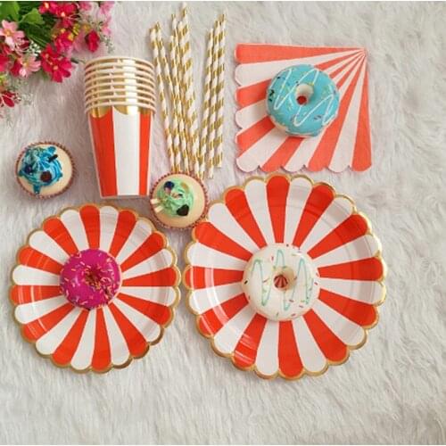 Disposable Tableware Set Disposable Paper Tray Straw Cup Orange Stripes Wedding Birthday Decoration Party Supplies