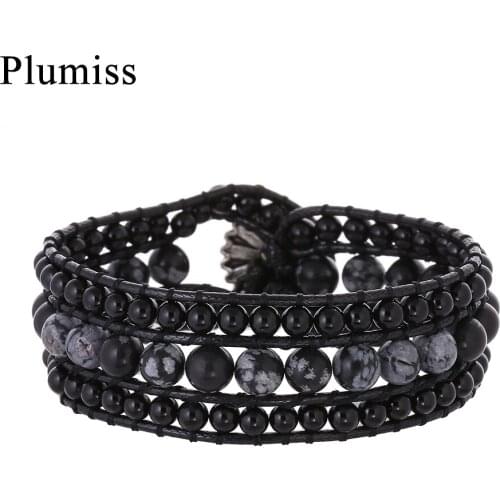 Genuine Natural Stone 3 Rows Cuff Bracelets Bangles Onyx Snowflake Agates Wrap Bracelet Handmade Jewelry Pulsera Dropshipping