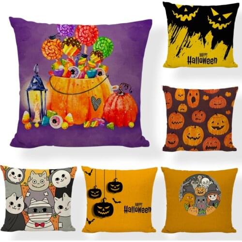 Happy Halloween Throw Pillow Cover Trick or Treat/Bat Farmhouse Decorative Cushion Covers Yellow/Orange Striped Pillowcase