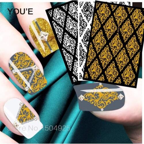 Luxury White Black Gold Flower Art Stickers Decoration for Nails Sticker Manicure Design Back Glue Nails Decals Accessoires