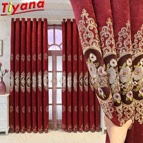Luxury Red Chenille Embroidery Curtains for Living Room Semi-Blackout Window Drapes for Bedroom Nordic Tulle#VT