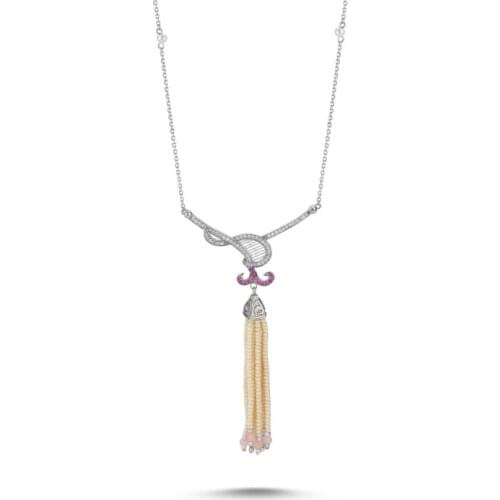 Silver 925 Sterling Majorca Pearl and Pink Quartz Tassels Zircon Cubic Zirconia Necklace