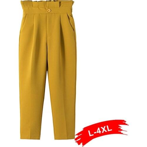 Plus Size Belted Frilled Waist Elegant Solid Ankle Length Pants 4Xl 3Xl Office Lady Wear Trousers Button Fly Capris Pantalones