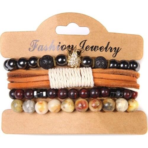 Fashion 4pcs/set Natural Hematite Stone Beads Energy Bracelet Gold King Crown Charm Braided Bracelet Jewelry for Women Men Gifts