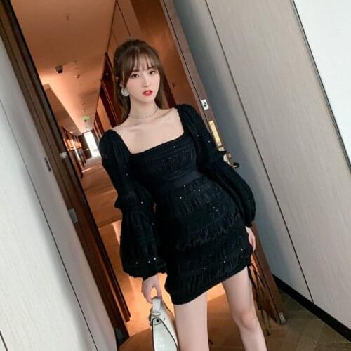 Women Clothe Square Collar Lantern Long Sleeve Slim Corset Black Mini Wrap Bodycon Sequins Dress Fall Hepburn Style Famous Brand