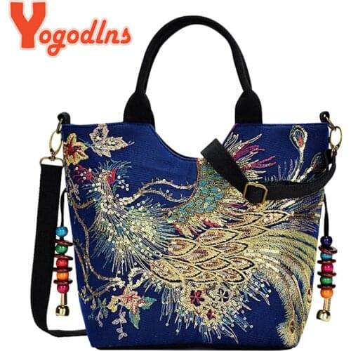 Yogodlns Women Fabric Shoulder Bag Chinese National Style Handbag Embroidery Boho Peacock Tote Large Capacity Messenger Pouch