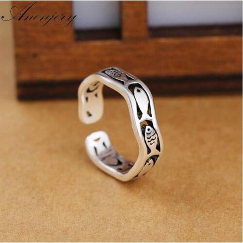 ANENJERY 925 Sterling Silver Rings For Women Thai Silver Cute Fish Wave Opening Index Finger Ring S-R270