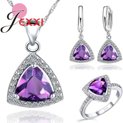 Triangle Cubic Zirconia Real 925 Sterling SilverJewelry Sets Leverback Earrings Pendant Necklaces Finger Rings US 6-9