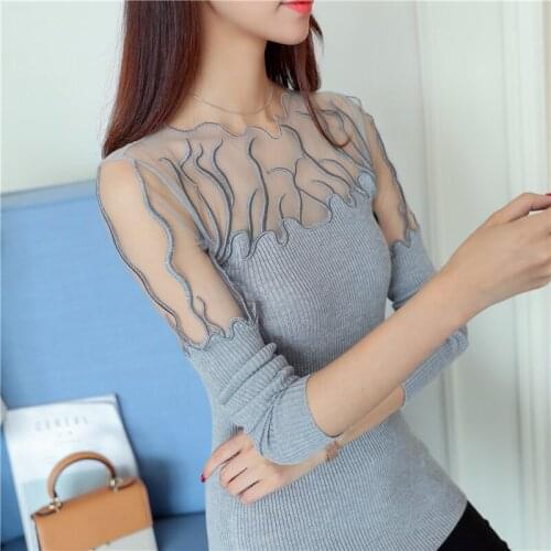 2019 Hitz head lace flounces Korean sweater slim slim female long sleeved shirt color sweater