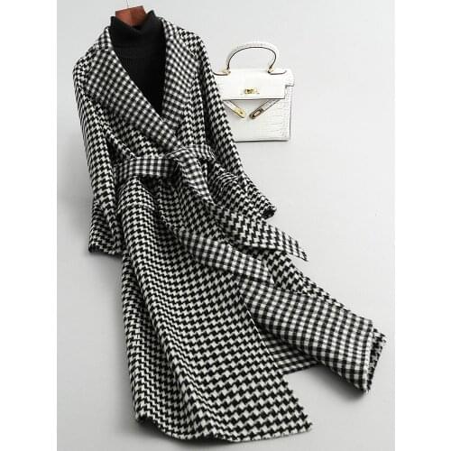 Women Long Plaid Woolen Coat Houndstooth Waistband Coats