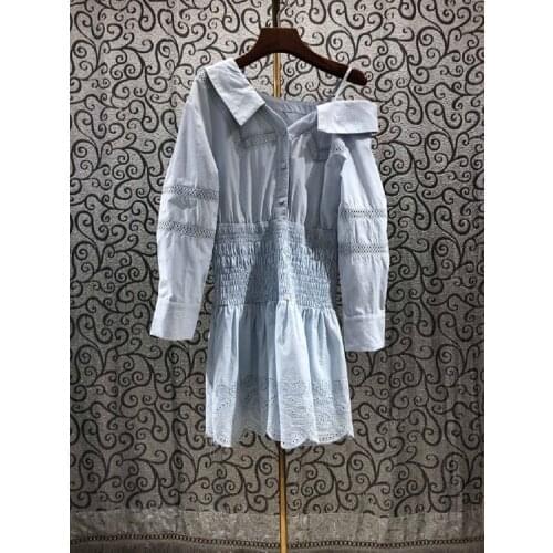 New European Style Dress 2021 Summer Women Sexy Cold Shoulder Elastic Waist Long Sleeve Casual Blue Button Dress Sweet Cute