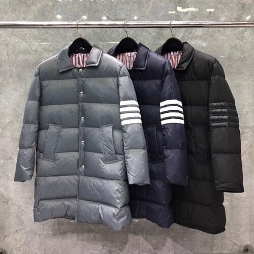 2021 Fashion TB THOM Brand Men Down Coats Slim Fit Formal Long Down Jacket Striped Solid Black Thick Casual Winter Clothing