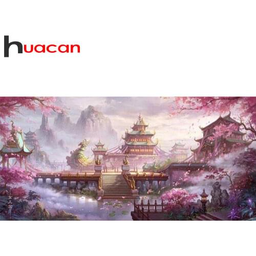Huacan 5D DIY Diamond Embroidery Full Square/Round House Mountain Mosaic Diamond Painting Sakura Flower Landscape Wall Decor