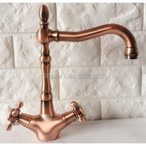 Antique Red Copper Swivel Spout Kitchen Sink Faucet and Bathroom Wash Basin Faucets Dual Handle Mixer Tap Deck Mounted Wrg054