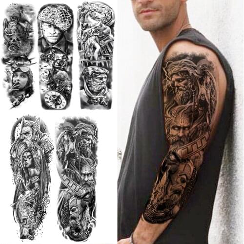 Black Samurai Full Arm Tattoo Sticker For Men Women Fake Pirate Sailing Compass Temporary Tattoos Sleeve Waterproof Large Tatoo