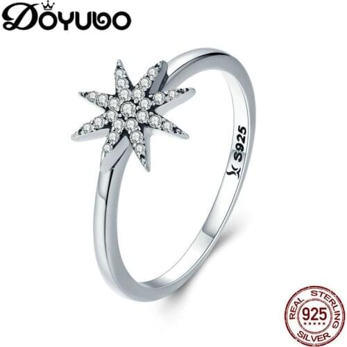 DOYUBO Romantic Womens 925 Sterling Silver Star Finger Rings With Cubic Zirconia Solid Silver Lady Fashion Silver Ring AGB041
