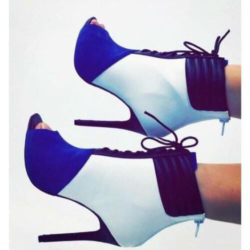 Hot Selling Blue Patchwork Stretch Thigh Boots Peep Toe Lace-up High Heels Winter Ankle Boots For Women Cut-out Dress Shoes