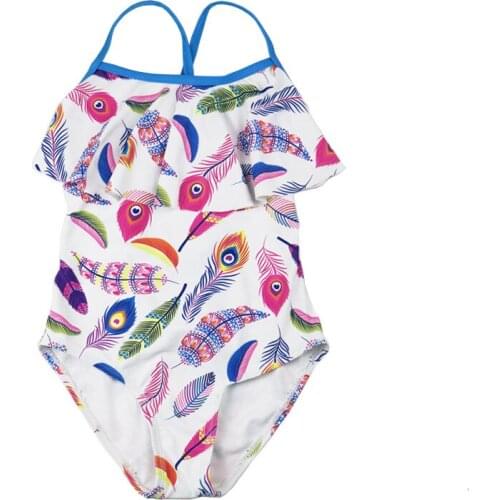 Girls Falbala Bathing Suits Baby Girl One Piece Swimsuit Children Print Feather Swimwear Girls Swimsuits Kids Swimming Clothes