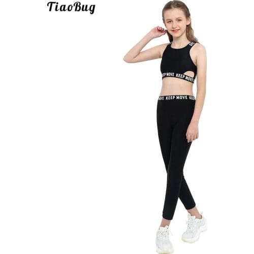 Summer 2Pcs Kids Girls Sport Suit Shoulder Straps Sleeveless Hollow Out Waist Racer Back Tank Top Leggings Running Gym Yoga Sets