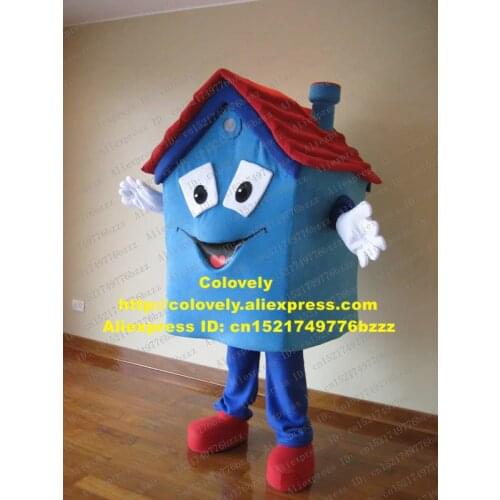 Fancy Blue House Haus Mascot Costume Mascotte Building Cubbyhouse Cabin Hut With Red Roof Quadrate Eyes Adult No.567 Free Ship
