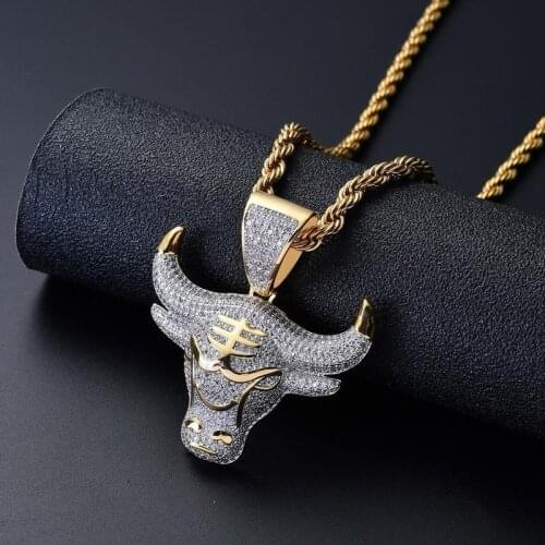 Fashion Hip Hop Full Rhinestone Animal Bull Head Pendant Necklaces for Men Jewelry Gift