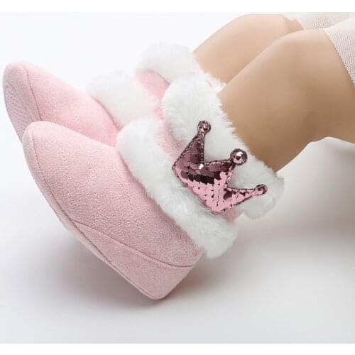 Fashion Newborn Infant Baby Girls Winter Warm Crown Fur Mid-Calf Length Slip-On Furry Boots 0-18M