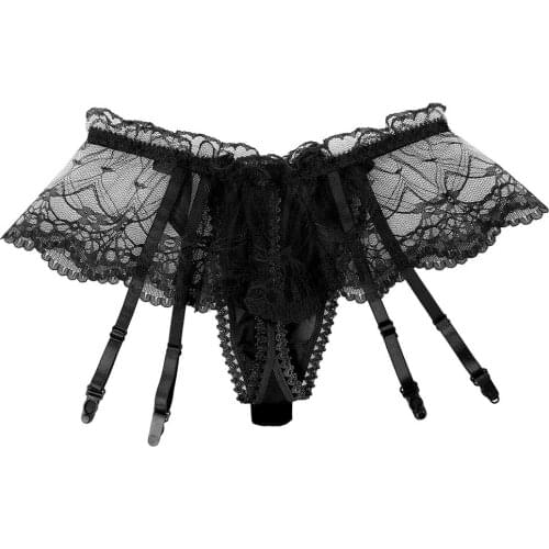 Nightclub Mens Lingerie Sissy Underwear Hollow Out Lace Skirted Thongs Bowknot Crotchless T-Back Panties with Garter Belt Briefs