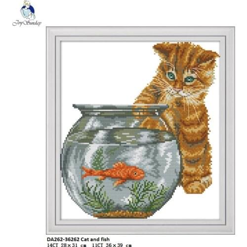 The Cat and fish Counted Print On Canvas DMC 14CT 11CT Cross Stitch kits,Embroidery Needlework Set,Hand Made Crafts Home Decor