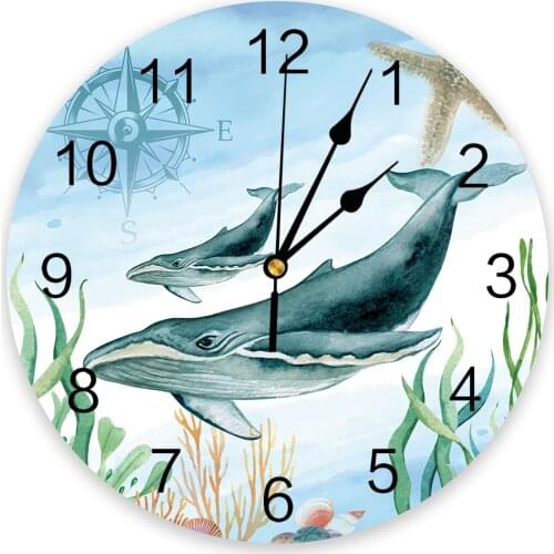 Marine Theme Animal Whale Starfish Wall Clock Round Style Fashion Modern Design Wall Clock Home Living Room Bedroom Decoration