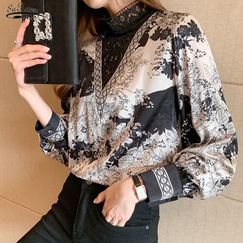 New Elegant Floral Blouse Women Long Sleeve Lace Stiching Printing Ladies Tops Casual Plus Size Stand Collar Female Shirts 16109
