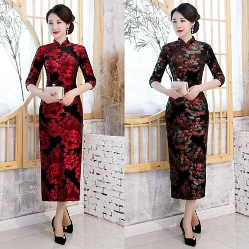 Autumn Winter Gold Velvet Long Bronzing Three Quarter Sleeve Cheongsam Plus Size 5Xl WomenS Dress Perform Daily Cheongsam Qipao