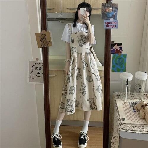 Kawaii Bear Sling Dress with White T Shirt Two-piece Suit College Summer New Short-sleeved T-shirt Korean Mid-length Strap Dress