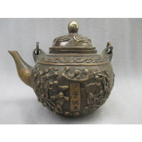 Elaborate Chinese old copper manual sculpture ancient 100 children birthday auspicious teapot