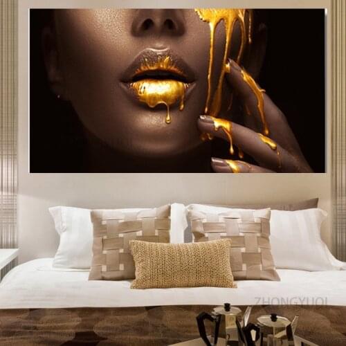 African Nude Woman Canvas Painting Gold Sexy Lip Black Posters and Prints Wall Art Picture for Living Room Home Decoration