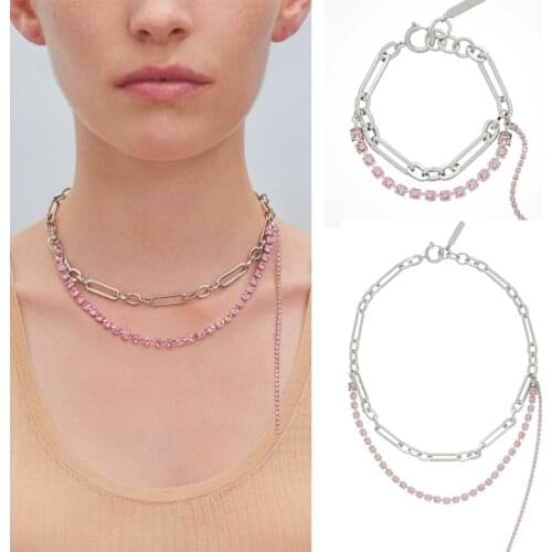 INS jewelry pink rhinestone chain tassel exaggerated short necklace bracelet jewelry set women