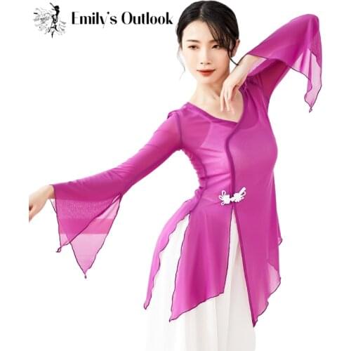 Chinese Knot Button Ballet Shirt Thin Mesh Top Women Flowy Classical Modern Dance Long Sleeve Clothes Plus Size