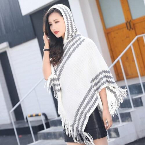 New Woman Hooded Cape Poncho Spring Autumn Winter Female Knitted Striped Sweater Outdoor Wear Tassel Cloak Coat for Women