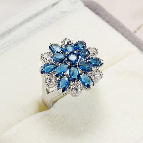 New Female Jewelry 925 Sterling Silver Hollow-out Blue Flower Big Zircon Stone Rings for Women Bridal Wedding Band Ring bijoux
