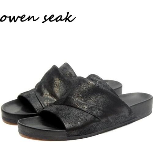 Owen Seak Women Slippers Rome Leather Flip Flops Luxury Trainers Outdoor Casual Shoes Slippers Slides Summer Flats Black Sandals