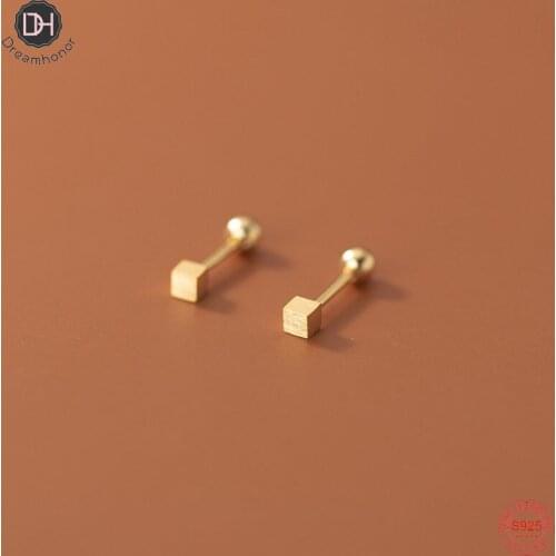 Dreamhonor Fashion Mini 14K Gold Color Square Screw Ball Stud Earrings For Women Sterling Silver Summer Gifts