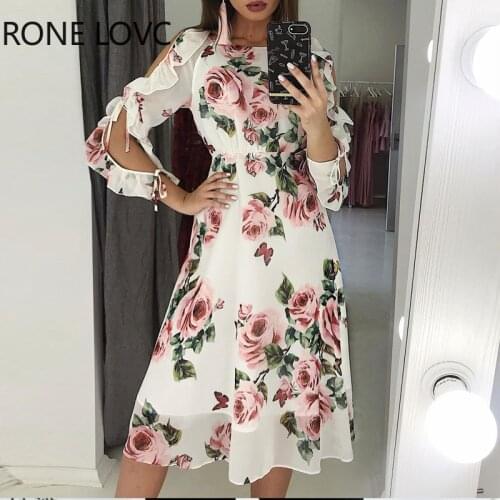 Women Chic All Over Print Floral Lace up Ruffle Hem Sleeve Hollow out Midi Dresses