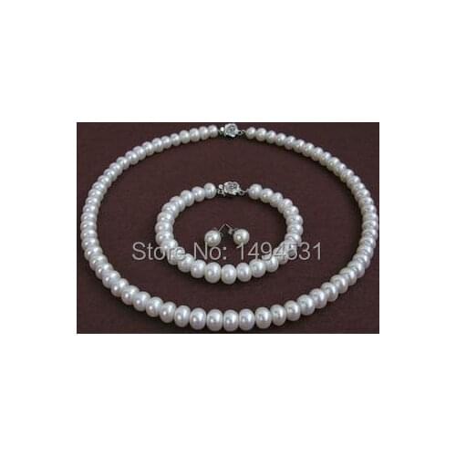 Free Shipping 9mm Genuine Pearl Necklace Real Pearl Jewelry Set Fashion Women Jewelry Wedding Party Necklace Bracelet Earrings