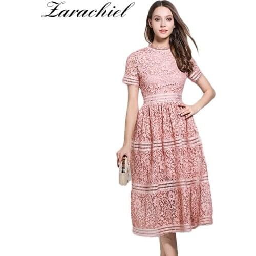 Women Bohemian Pink Lace Summer Crochet Hollow Out Casual Short Sleeve Stand Green Dress 2021 Runway Designer Brand Clothing