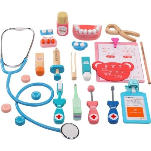 27pcs/set Pretend Play Toy Suit Wood Medical Dentist Tooth Brush Early Educational Children Doctor Toy Kids Party Role Play Game